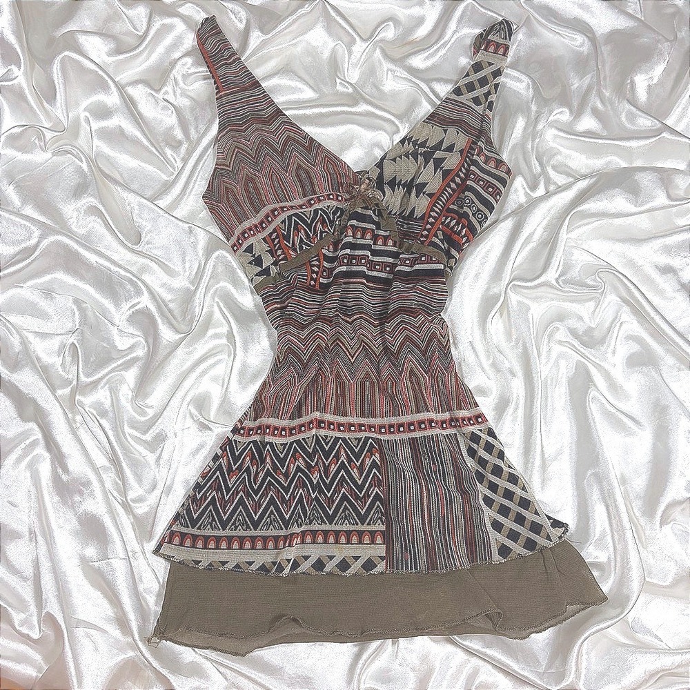 y2k Tunic Top Earth Tone Excellent Geometric Tribal Print Made in Italy V-Neck
